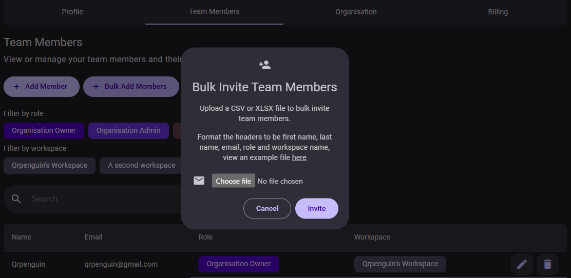 The Invite Member modal highlighting the single email invitation form and the CSV bulk file upload dropzone